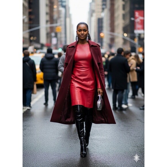 Vintage 80s 90s Red Leather Pencil Dress Mod Wife Rock Grunge Holiday Party XS - Picture 4 of 16